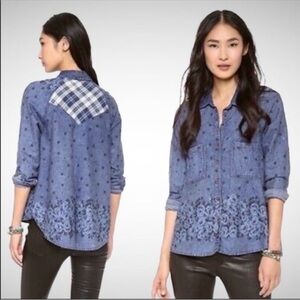 Free People Indigo Floral and plaid western style Button-Up shirt size medium